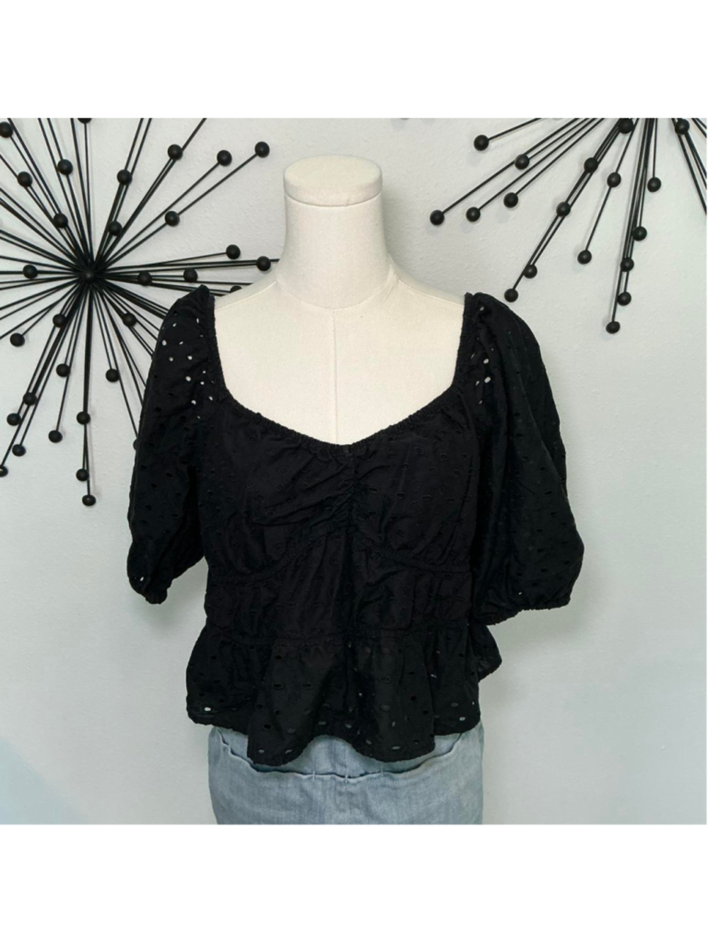 A New Day Black Eyelet Puff Sleeve Top Size XL